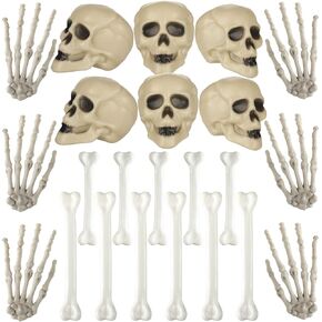 Woanger 32 Pieces Halloween Skull Decor Mini Skull Props Sets, Mini Plastic Skeleton Head Skeleton Hands Plastic Bones Skeleton Costume Bones for Halloween Party Photo Prop