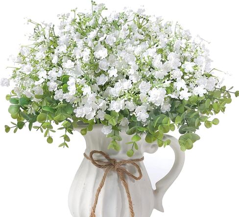 فييرينا باقة زهور الاوكالبتوس الصناعية من 18 قطعة من زهور جيبسوفيلا الصناعية ذات الملمس الحقيقي، قطعة مركزية لتزيين الطاولة بنفسك لحفلات الزفاف وديكور المنزل (ابيض) in Kuwait