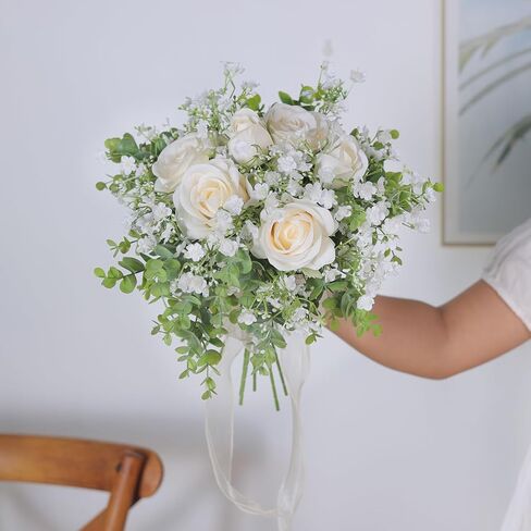 فييرينا باقة زهور الاوكالبتوس الصناعية من 18 قطعة من زهور جيبسوفيلا الصناعية ذات الملمس الحقيقي، قطعة مركزية لتزيين الطاولة بنفسك لحفلات الزفاف وديكور المنزل (ابيض) in Kuwait