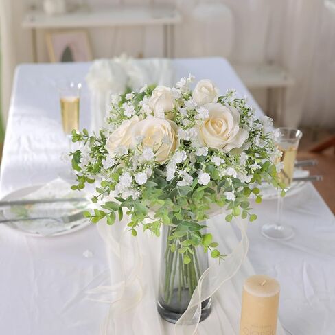 فييرينا باقة زهور الاوكالبتوس الصناعية من 18 قطعة من زهور جيبسوفيلا الصناعية ذات الملمس الحقيقي، قطعة مركزية لتزيين الطاولة بنفسك لحفلات الزفاف وديكور المنزل (ابيض) in Kuwait