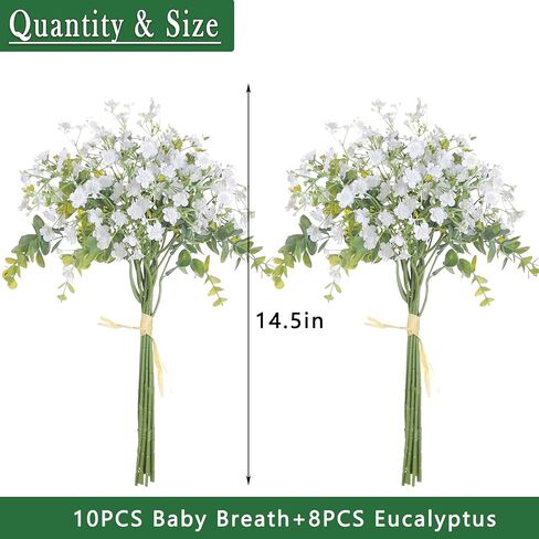 فييرينا باقة زهور الاوكالبتوس الصناعية من 18 قطعة من زهور جيبسوفيلا الصناعية ذات الملمس الحقيقي، قطعة مركزية لتزيين الطاولة بنفسك لحفلات الزفاف وديكور المنزل (ابيض) in Kuwait