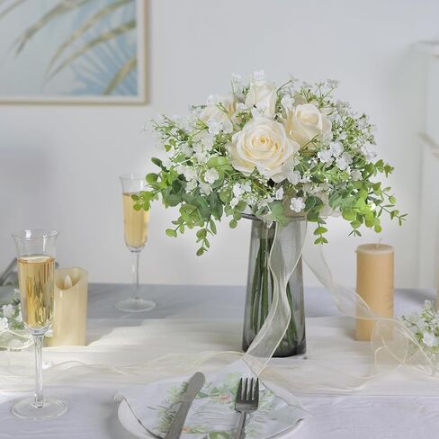 فييرينا باقة زهور الاوكالبتوس الصناعية من 18 قطعة من زهور جيبسوفيلا الصناعية ذات الملمس الحقيقي، قطعة مركزية لتزيين الطاولة بنفسك لحفلات الزفاف وديكور المنزل (ابيض) in Kuwait