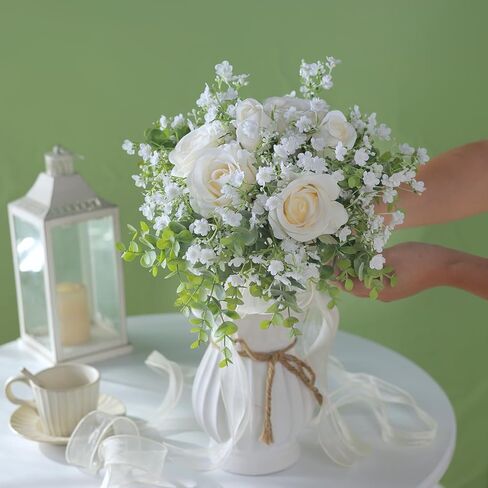 فييرينا باقة زهور الاوكالبتوس الصناعية من 18 قطعة من زهور جيبسوفيلا الصناعية ذات الملمس الحقيقي، قطعة مركزية لتزيين الطاولة بنفسك لحفلات الزفاف وديكور المنزل (ابيض) in Kuwait