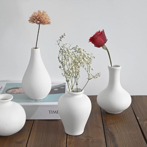 Hismir White Small Ceramic Vase Set of 5-Small Bud Flower Vases for Rustic Home Decor, Mini Vases for Modern Farmhouse Decor, Living Room, Shelf, Table, Bookshelf, Mantel and Entryway Decor in Saudi Arabia