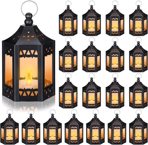 20 Pcs Halloween Vintage Candle Lantern LED Lantern with LED Candles Wedding Lanterns Decorative with Shining Decor LED Vintage Hanging Tealight Lantern for Table Home Party Decor (Black) in Kuwait