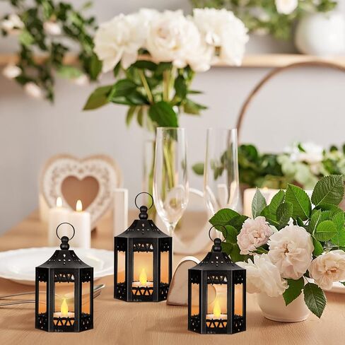 20 Pcs Halloween Vintage Candle Lantern LED Lantern with LED Candles Wedding Lanterns Decorative with Shining Decor LED Vintage Hanging Tealight Lantern for Table Home Party Decor (Black) in Kuwait