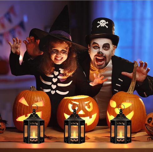 20 Pcs Halloween Vintage Candle Lantern LED Lantern with LED Candles Wedding Lanterns Decorative with Shining Decor LED Vintage Hanging Tealight Lantern for Table Home Party Decor (Black) in Kuwait