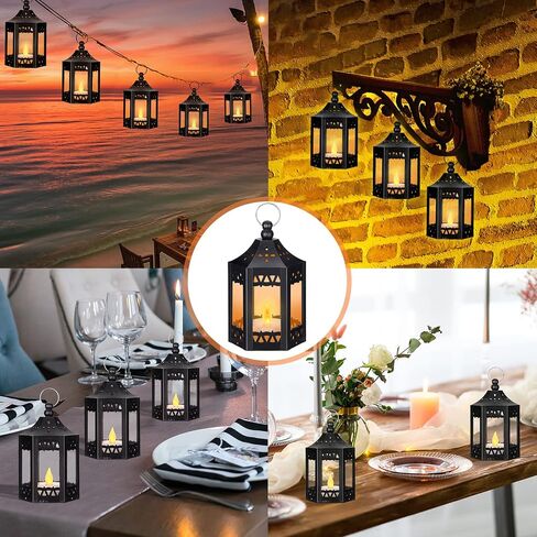 20 Pcs Halloween Vintage Candle Lantern LED Lantern with LED Candles Wedding Lanterns Decorative with Shining Decor LED Vintage Hanging Tealight Lantern for Table Home Party Decor (Black) in Kuwait