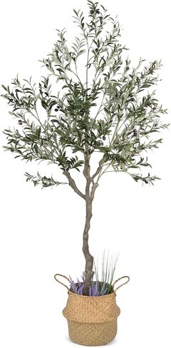 Artificial Olive Tree, 82 Inches Tall - Fake Floor Plant for Modern Home Decor - Living Room, Bedroom, Balcony - Faux Potted Trees for Indoor or Outdoor - Includes Seagrass Belly Basket in Saudi Arabia