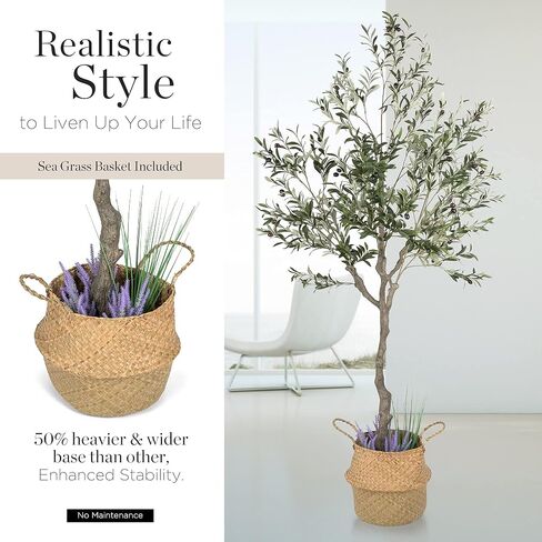Artificial Olive Tree, 82 Inches Tall - Fake Floor Plant for Modern Home Decor - Living Room, Bedroom, Balcony - Faux Potted Trees for Indoor or Outdoor - Includes Seagrass Belly Basket in Saudi Arabia