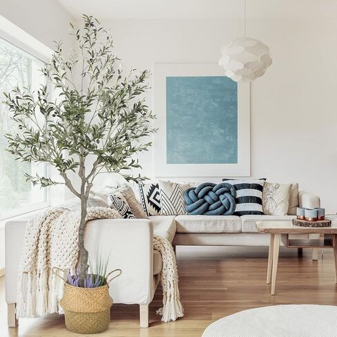 Artificial Olive Tree, 82 Inches Tall - Fake Floor Plant for Modern Home Decor - Living Room, Bedroom, Balcony - Faux Potted Trees for Indoor or Outdoor - Includes Seagrass Belly Basket in Saudi Arabia