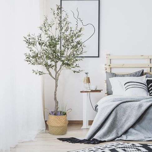 Artificial Olive Tree, 82 Inches Tall - Fake Floor Plant for Modern Home Decor - Living Room, Bedroom, Balcony - Faux Potted Trees for Indoor or Outdoor - Includes Seagrass Belly Basket in Saudi Arabia