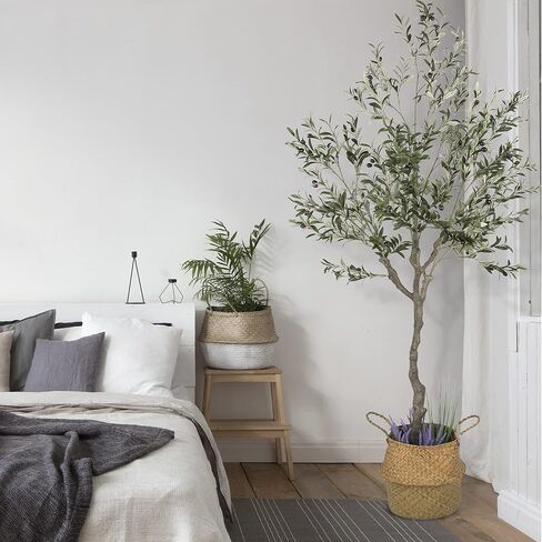Artificial Olive Tree, 82 Inches Tall - Fake Floor Plant for Modern Home Decor - Living Room, Bedroom, Balcony - Faux Potted Trees for Indoor or Outdoor - Includes Seagrass Belly Basket in Saudi Arabia