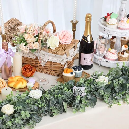 JPSOR 2pcs 6.6ft Artificial Eucalyptus Garland Faux Greenery Garland Fake Eucalyptus Leaves for Wedding Arch Farmhouse Mantle Table Runner Centerpiece Home Party Decor in Kuwait