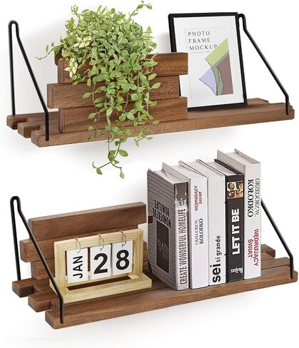 Youmechi Floating Shelves Set of 2, 16" Walnut Solid Wood Wall Mounted Shelves, Original Spliced Irregular Design Display Storage Wall Shelf, Rustic Wall Deco Shelves for Bedroom Living Room Office in Saudi Arabia