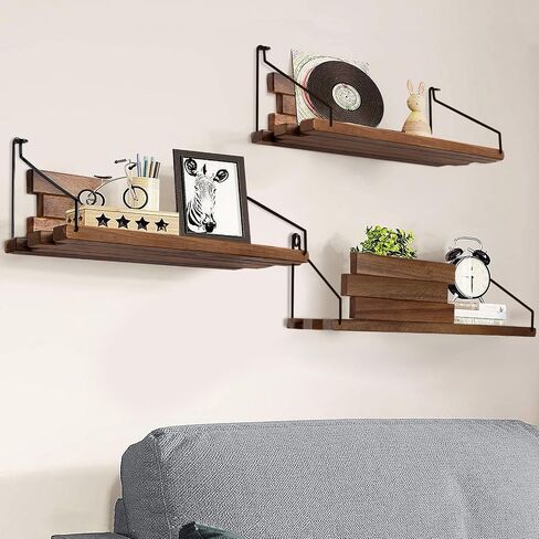 Youmechi Floating Shelves Set of 2, 16" Walnut Solid Wood Wall Mounted Shelves, Original Spliced Irregular Design Display Storage Wall Shelf, Rustic Wall Deco Shelves for Bedroom Living Room Office in Saudi Arabia