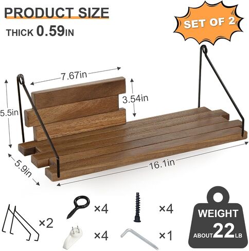 Youmechi Floating Shelves Set of 2, 16" Walnut Solid Wood Wall Mounted Shelves, Original Spliced Irregular Design Display Storage Wall Shelf, Rustic Wall Deco Shelves for Bedroom Living Room Office in Saudi Arabia