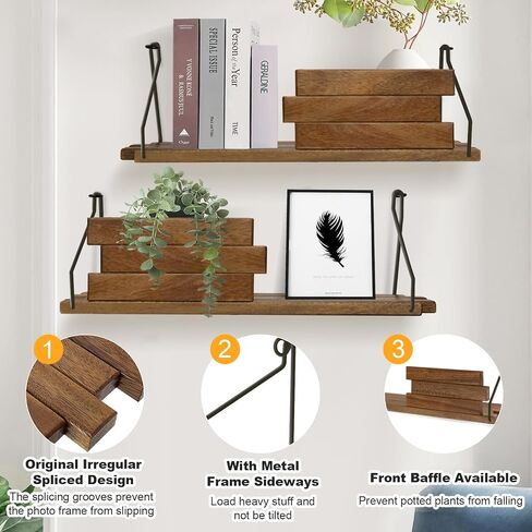 Youmechi Floating Shelves Set of 2, 16" Walnut Solid Wood Wall Mounted Shelves, Original Spliced Irregular Design Display Storage Wall Shelf, Rustic Wall Deco Shelves for Bedroom Living Room Office in Saudi Arabia