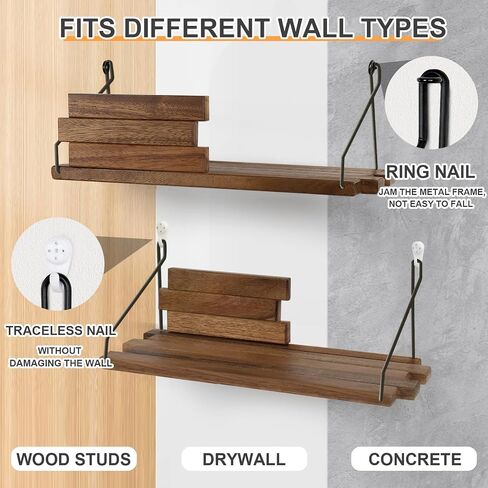 Youmechi Floating Shelves Set of 2, 16" Walnut Solid Wood Wall Mounted Shelves, Original Spliced Irregular Design Display Storage Wall Shelf, Rustic Wall Deco Shelves for Bedroom Living Room Office in Saudi Arabia