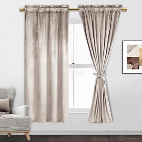 JIUZHEN Beige Velvet Curtains 63 inches for Living Room - Soft Retro Blackout Velvet Drapes Rod Pocket Room Darkening Thermal Insulated for Bedroom/Gallery, 42W x 63L, 2 Panels with Tiebacks in Saudi Arabia