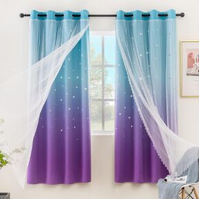 Stiio Star Cutout Curtains for Girls Bedroom 2 Panels, 2 in 1 Light Blocking Blackout Curtains with Sheer Grommet Window Drapes for Living Room Kids Room, W52 x L63 inches, Blue Purple in Saudi Arabia