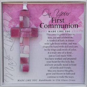 First Communion Gift for Boy - Handmade in USA Blue Mosaic Glass Cross with Sentiment