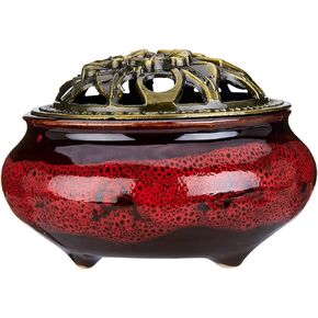 مبخرة سيراميك مع غطاء نحاسي وحامل بخور معدني لبخور خشب الصندل وبالو سانتو ومخروط المريمية واللبان من ميستو (احمر داكن) in Kuwait