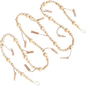 4ft Wooden Beads Garlands with Clothespins Hanging Photo Display Office, Nursery Room, Wall Art for Bedroom, Pictures Cards Holder with Wood Clips, Teen Gift for Birthday
