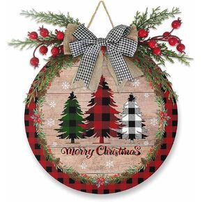 Merry Christmas Welcome Sign Front Door Decoration Xmas Tree Door Sign Rustic Wood Grain Round Wood Wreaths Wall Hanging Outdoor, Farmhouse, Porch, Red Buffalo Plaid for Home Decor in Saudi Arabia