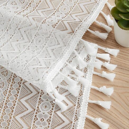 Boho Lace Sheer Curtains 54 Inch Length 2 Panels Set Beige Rustic Geometric Pattern Curtains with Tassel for Living Room Bedroom Rod Pocket Linen Window Drapes, 40"x54"x2 in Kuwait