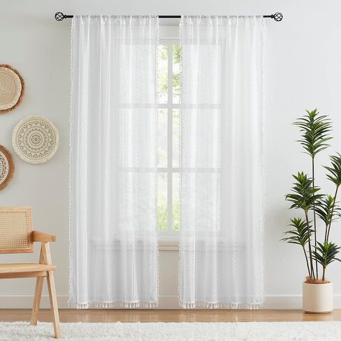 Boho Lace Sheer Curtains 54 Inch Length 2 Panels Set Beige Rustic Geometric Pattern Curtains with Tassel for Living Room Bedroom Rod Pocket Linen Window Drapes, 40"x54"x2 in Kuwait