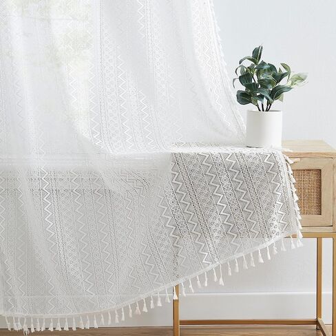 Boho Lace Sheer Curtains 54 Inch Length 2 Panels Set Beige Rustic Geometric Pattern Curtains with Tassel for Living Room Bedroom Rod Pocket Linen Window Drapes, 40"x54"x2 in Kuwait