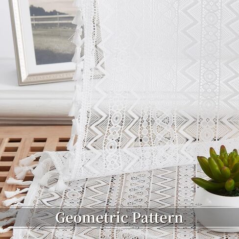 Boho Lace Sheer Curtains 54 Inch Length 2 Panels Set Beige Rustic Geometric Pattern Curtains with Tassel for Living Room Bedroom Rod Pocket Linen Window Drapes, 40"x54"x2 in Kuwait