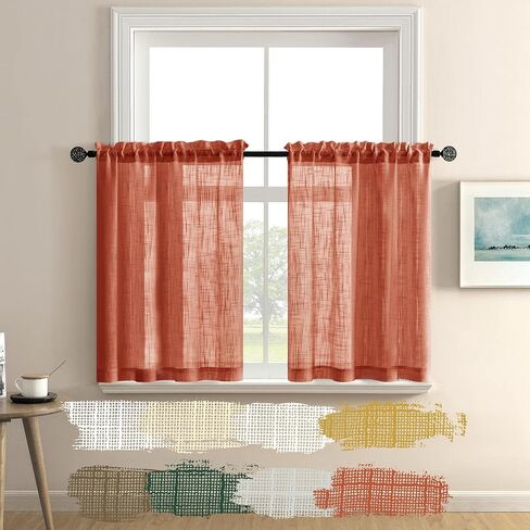 XTMYI Beige Kitchen Curtains 24 inch Long for Bathroom Neutral Casual Weave Linen Textured Sheer Short Rod Pocket Small Half Window Treatments Tier for Bedroom Natural Flax Color in Saudi Arabia