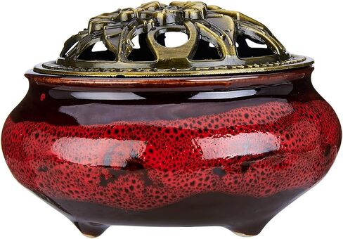 مبخرة سيراميك مع غطاء نحاسي وحامل بخور معدني لبخور خشب الصندل وبالو سانتو ومخروط المريمية واللبان من ميستو (احمر داكن) in Kuwait