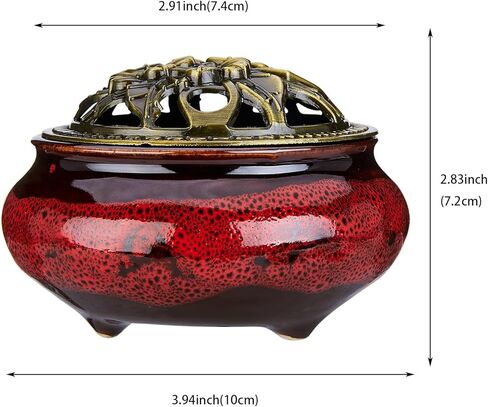 مبخرة سيراميك مع غطاء نحاسي وحامل بخور معدني لبخور خشب الصندل وبالو سانتو ومخروط المريمية واللبان من ميستو (احمر داكن) in Kuwait