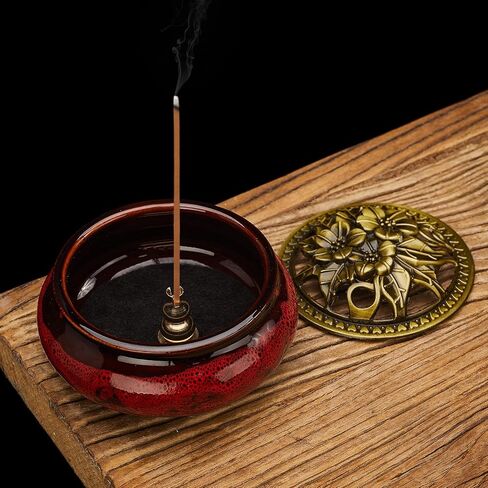 مبخرة سيراميك مع غطاء نحاسي وحامل بخور معدني لبخور خشب الصندل وبالو سانتو ومخروط المريمية واللبان من ميستو (احمر داكن) in Kuwait