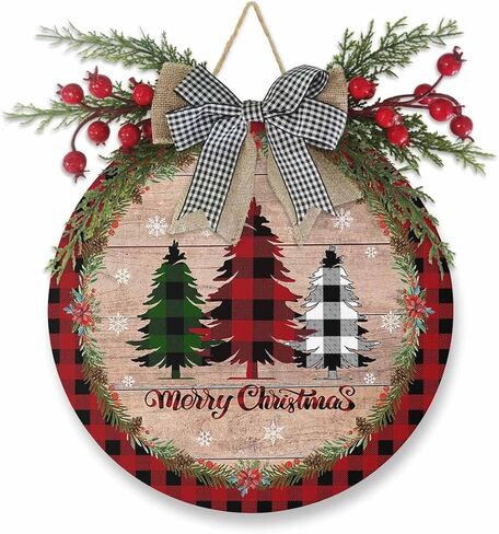 Merry Christmas Welcome Sign Front Door Decoration Xmas Tree Door Sign Rustic Wood Grain Round Wood Wreaths Wall Hanging Outdoor, Farmhouse, Porch, Red Buffalo Plaid for Home Decor in Kuwait