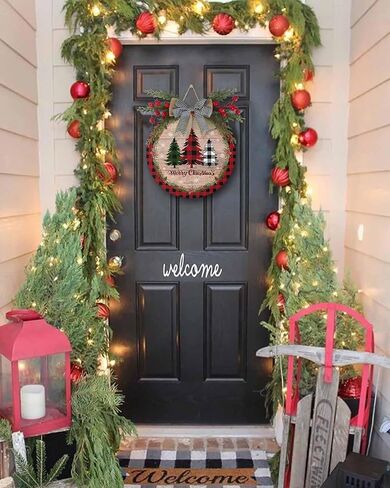 Merry Christmas Welcome Sign Front Door Decoration Xmas Tree Door Sign Rustic Wood Grain Round Wood Wreaths Wall Hanging Outdoor, Farmhouse, Porch, Red Buffalo Plaid for Home Decor in Kuwait