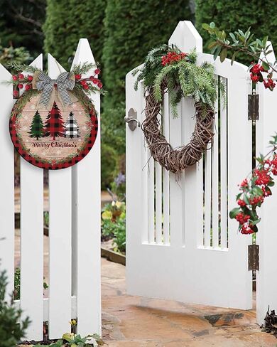 Merry Christmas Welcome Sign Front Door Decoration Xmas Tree Door Sign Rustic Wood Grain Round Wood Wreaths Wall Hanging Outdoor, Farmhouse, Porch, Red Buffalo Plaid for Home Decor in Kuwait