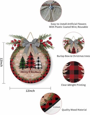 Merry Christmas Welcome Sign Front Door Decoration Xmas Tree Door Sign Rustic Wood Grain Round Wood Wreaths Wall Hanging Outdoor, Farmhouse, Porch, Red Buffalo Plaid for Home Decor in Kuwait