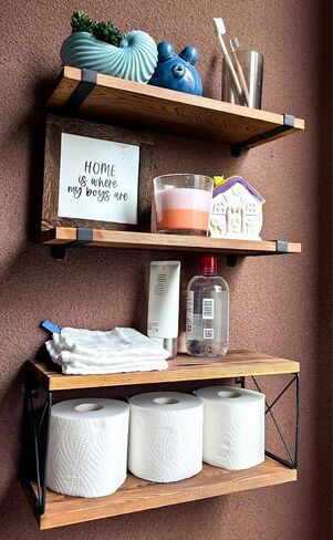 ajdvart Floating Shelves Wall Mounted - Wood Floating Shelves for Bathroom, Bedroom, Kitchen, Living Room, Plants - Rustic Floating Shelf with Set of 3 Extra Storage in Rustic Brown in Kuwait