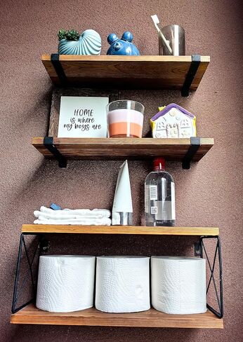 ajdvart Floating Shelves Wall Mounted - Wood Floating Shelves for Bathroom, Bedroom, Kitchen, Living Room, Plants - Rustic Floating Shelf with Set of 3 Extra Storage in Rustic Brown in Kuwait