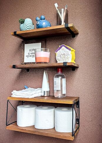 ajdvart Floating Shelves Wall Mounted - Wood Floating Shelves for Bathroom, Bedroom, Kitchen, Living Room, Plants - Rustic Floating Shelf with Set of 3 Extra Storage in Rustic Brown in Kuwait