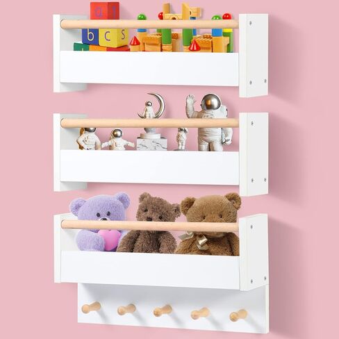 أرفف كتب الحضانة للجدار مجموعة من 3 أرفف كتب عائمة صغيرة للأطفال، أرفف كتب أطفال بيضاء، رف كتب خشبي مثبت على الحائط للأطفال في سن المراهقة الأولاد والبنات لعبة الحمام وتخزين الديكور in Kuwait
