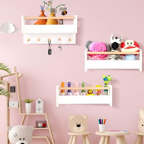 أرفف كتب الحضانة للجدار مجموعة من 3 أرفف كتب عائمة صغيرة للأطفال، أرفف كتب أطفال بيضاء، رف كتب خشبي مثبت على الحائط للأطفال في سن المراهقة الأولاد والبنات لعبة الحمام وتخزين الديكور in Kuwait