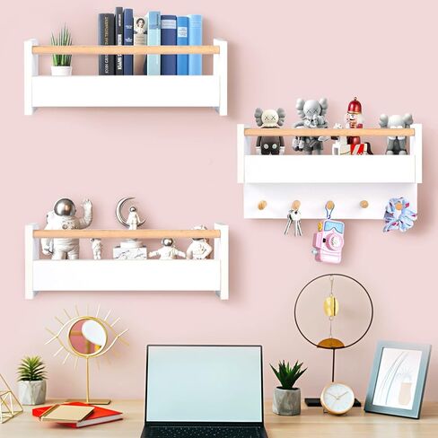 أرفف كتب الحضانة للجدار مجموعة من 3 أرفف كتب عائمة صغيرة للأطفال، أرفف كتب أطفال بيضاء، رف كتب خشبي مثبت على الحائط للأطفال في سن المراهقة الأولاد والبنات لعبة الحمام وتخزين الديكور in Kuwait