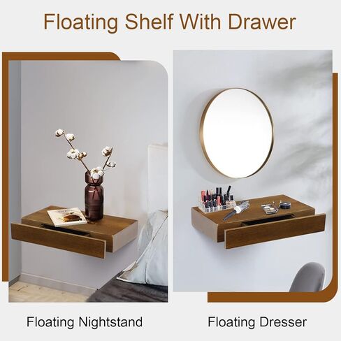 Floating Shelf with Drawer, Rustic Wood Wall Shelves, Floating Nightstand with Drawer for Bedroom, Farmhouse Floating Bedside Table, Floating Drawer for Bathroom Kitchen Office in Kuwait