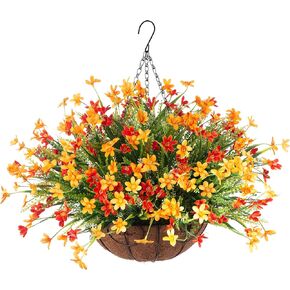 Autumn Artificial Hanging Flowers with Basket for Outdoor, Artificial Violets Arrangements UV Resistant Artificial Plants Flowers for Patio Garden Porch Deck Fall Decoration(Orange)