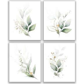 Botanical Plant Simple Life Green Leaf Painting Bathroom Wall Decor Art Print Set of 4(8"X10"), Watercolor Modern Bohemia Botanical Floral Leaves Kitchen Plant Pictures, Boho Leaf Eucalyptus Wall Décor, No Frame in Kuwait